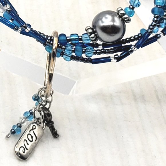 Dark Blue Hematite & Heart Charm Dangle Boho Wrap Bracelet/Necklace Earrings Set - Picture 8 of 17